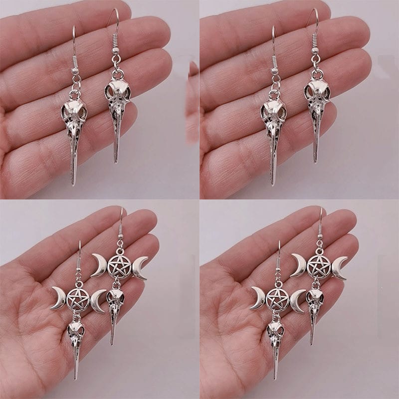 Triple Moon Pentagram Crow Skull Earrings