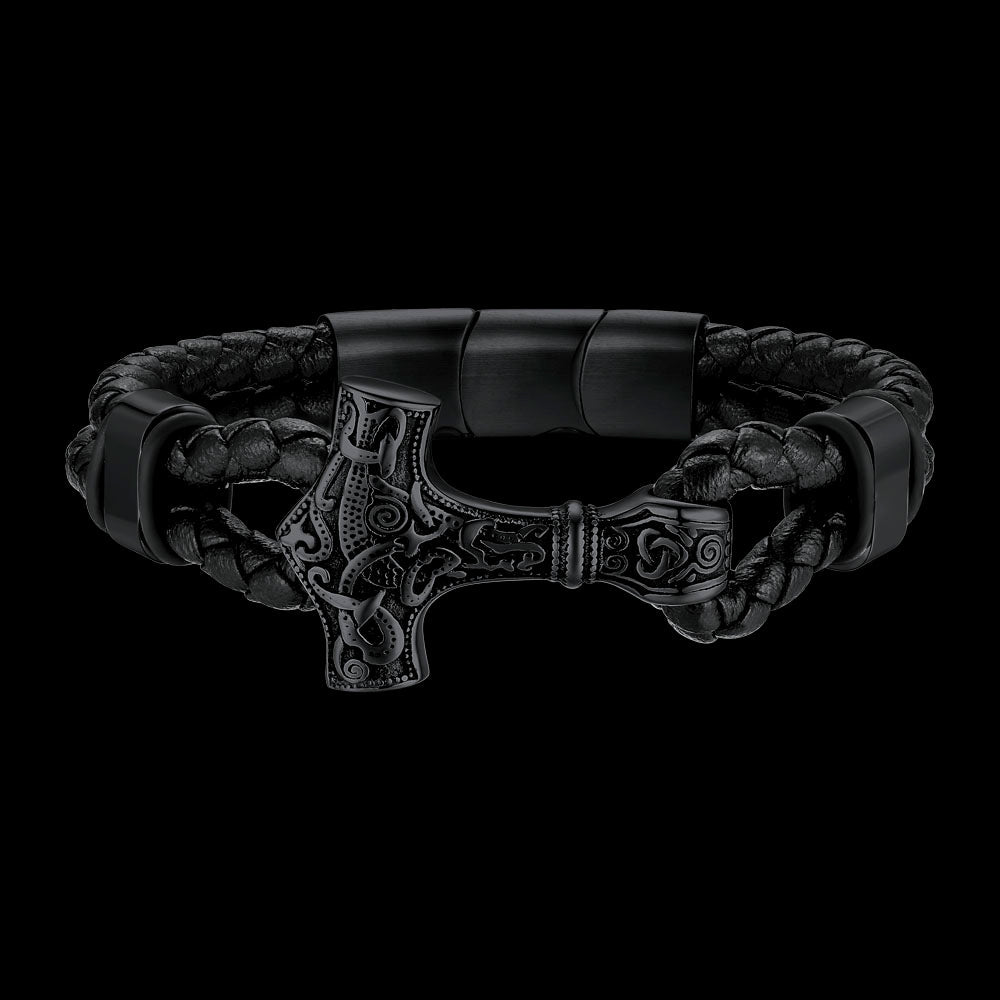 Viking Black Engraved Leather Braided Wristband Bracelet for