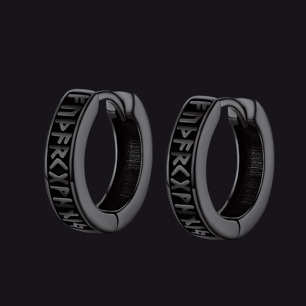 Norse Viking Runes Huggie Hoop Earrings in Sterling Silver