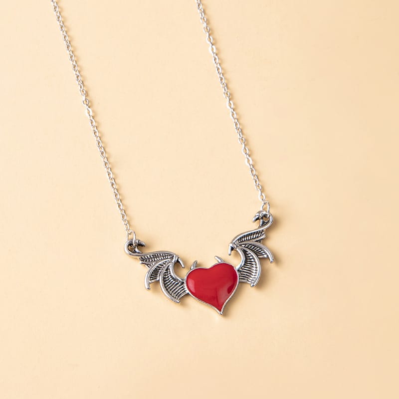 Crimson Devil Heart Winged Necklace