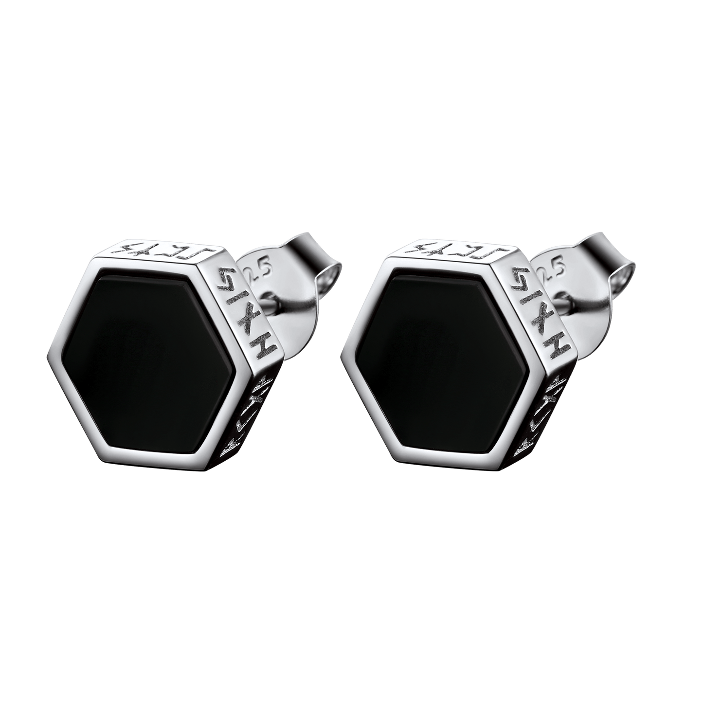 Hexagon Viking Rune Black Onyx Stud Earrings for