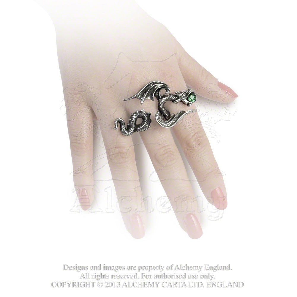 Starchaser Two Finger Green Crystal Dragon Ring by Alchemy Gothic - Size 6/7