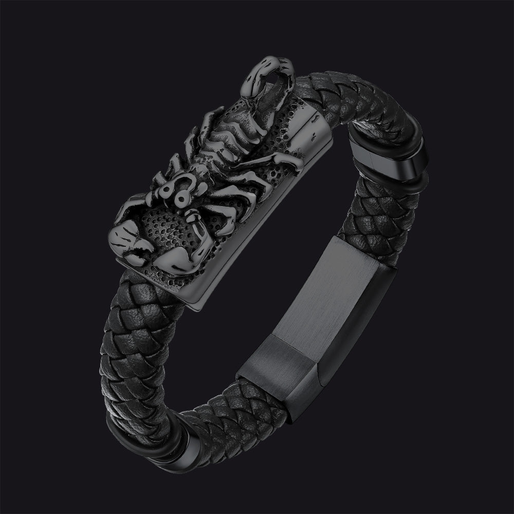 Punk Scorpion Black Braided Leather Bracelet Bangle Gift for Son Grandson