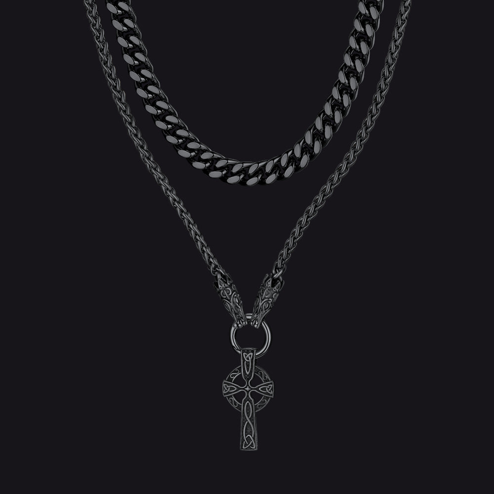 Miami Cuban Chain & Celtic Knot Cross Necklace Set for