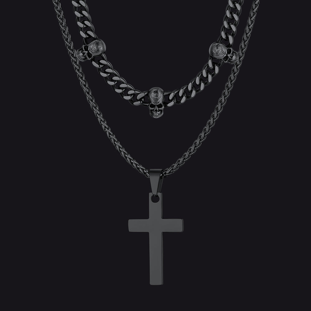 Gothic Skull Cuban Chain & Cross Layered Pendant Set for