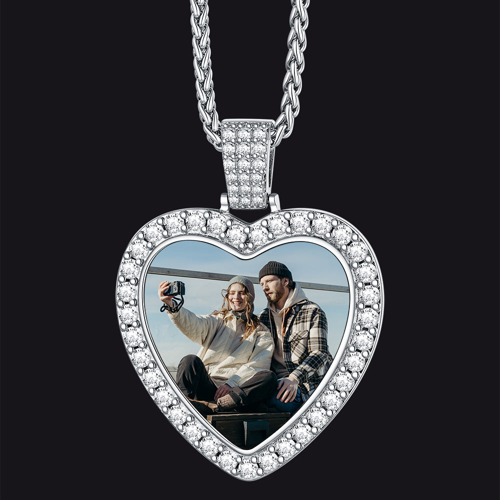 Sterling Silver Personalized Heart Picture Necklace Gift With Cubic Zirconia for