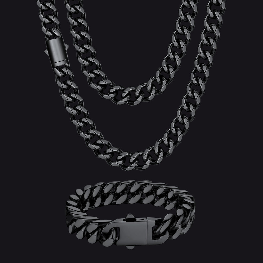 Engraved Cuban Chain & Bracelet Jewelry Set for , 7/9/12mm