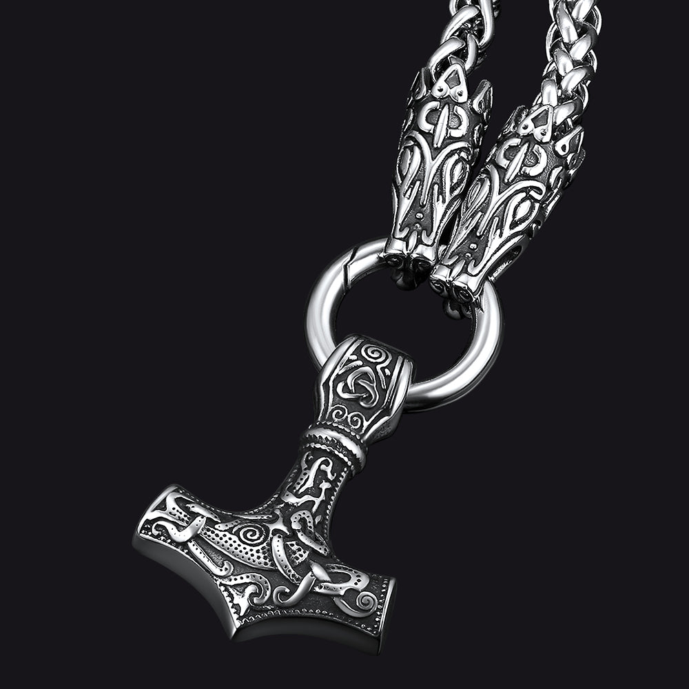 Viking Thor's Hammer Mjolnir Necklace for With Wolf Chain