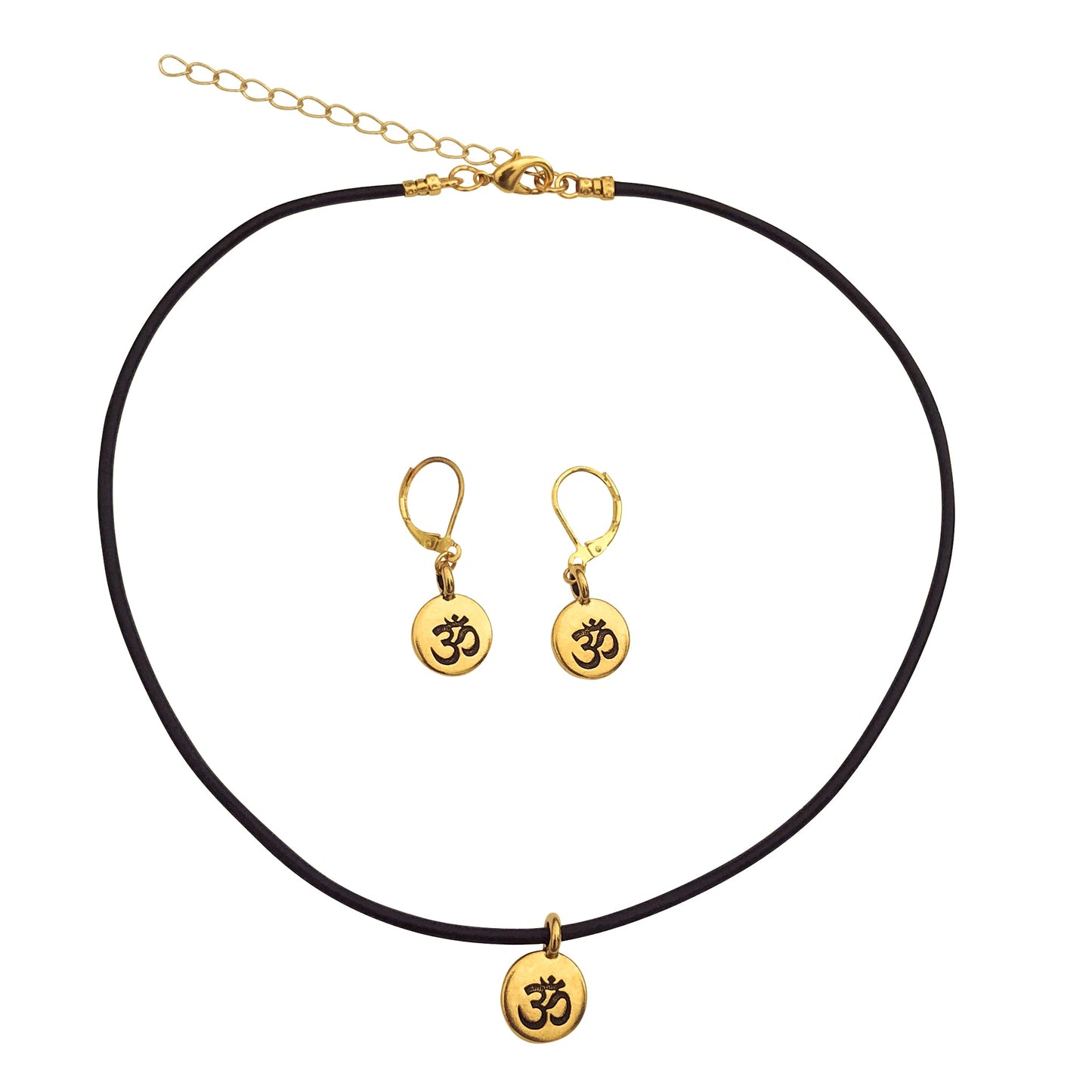 Dragonweave Om/ohm Symbol Circle Charm Necklace and Earring Set, Gold Plated Black Leather Choker and Leverback Earrings