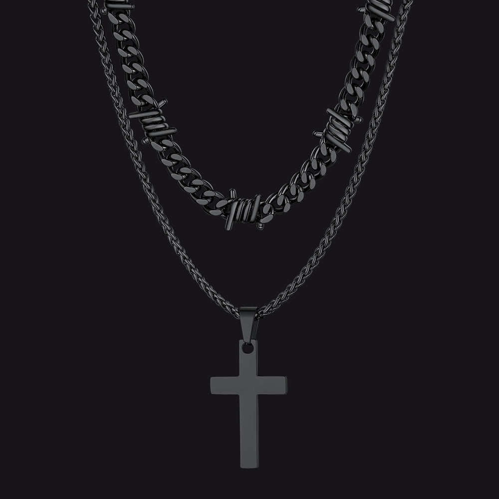 Barbed Wire Cuban Chain & Cross Layered Necklaces Set for