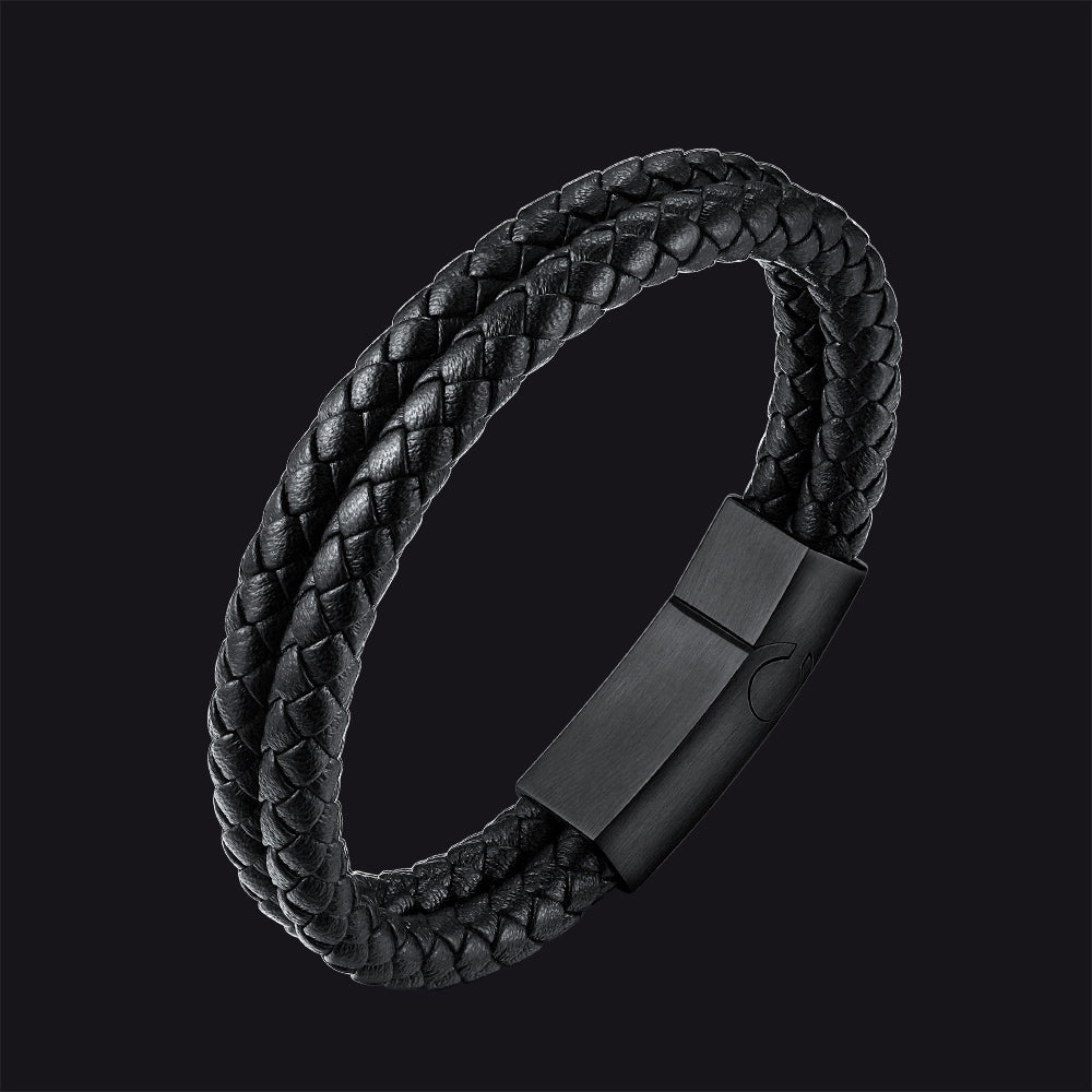 Engraved Custom Double Black Braided Leather Bracelet Cuff for Son