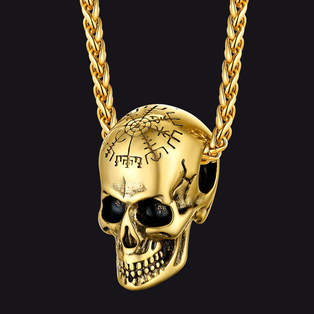 Nordic Viking Compass Skull Pendant Necklace for
