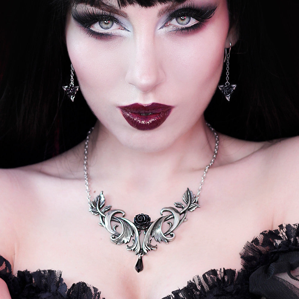 Baroque Black Rose Crystal Pendant Necklace by Alchemy Gothic