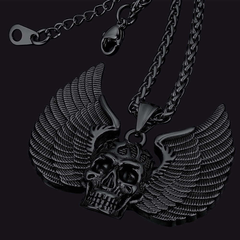 Gothic Flame Winged Skull Pendant Necklace for