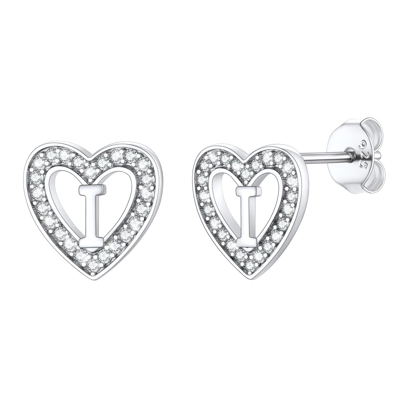 Silver Heart Initial Letter Stud Cubic Zirconia Earrings for Girl