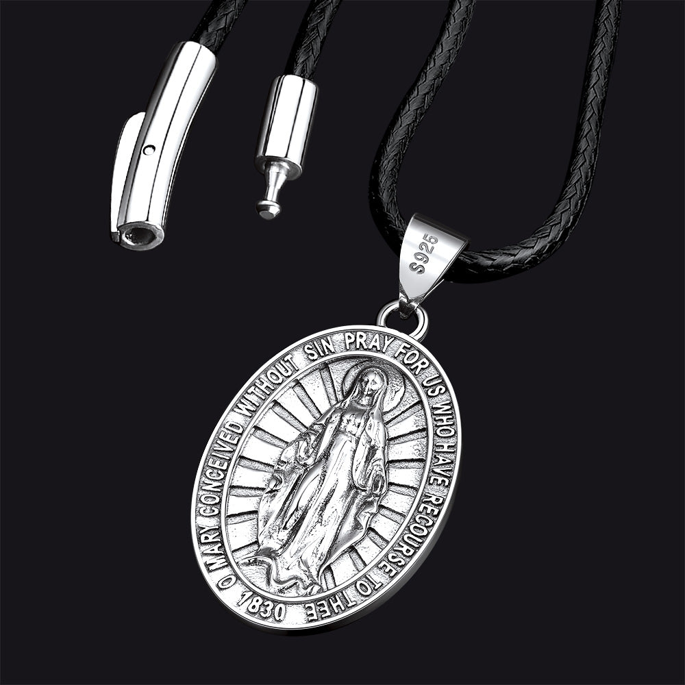 Sterling Silver Virgin Mary Necklace Medallion With Leather Chain