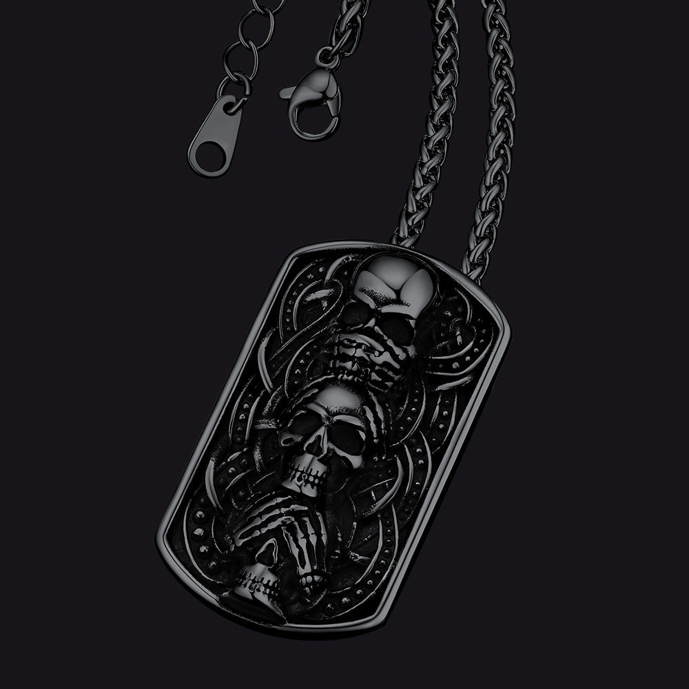 See No Evil, Hear No Evil, Speak No Evil Skulls Dog Tag Necklace for