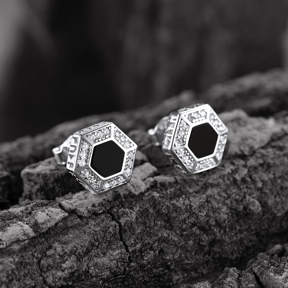 Viking Rune Hexagon Black Onyx Stud Earrings for