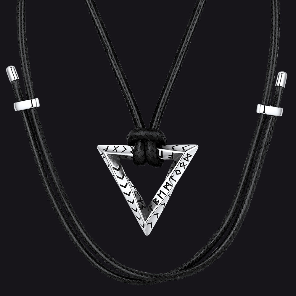 Viking Rune Mobius Triangle Pendant Necklace With Leather Chain