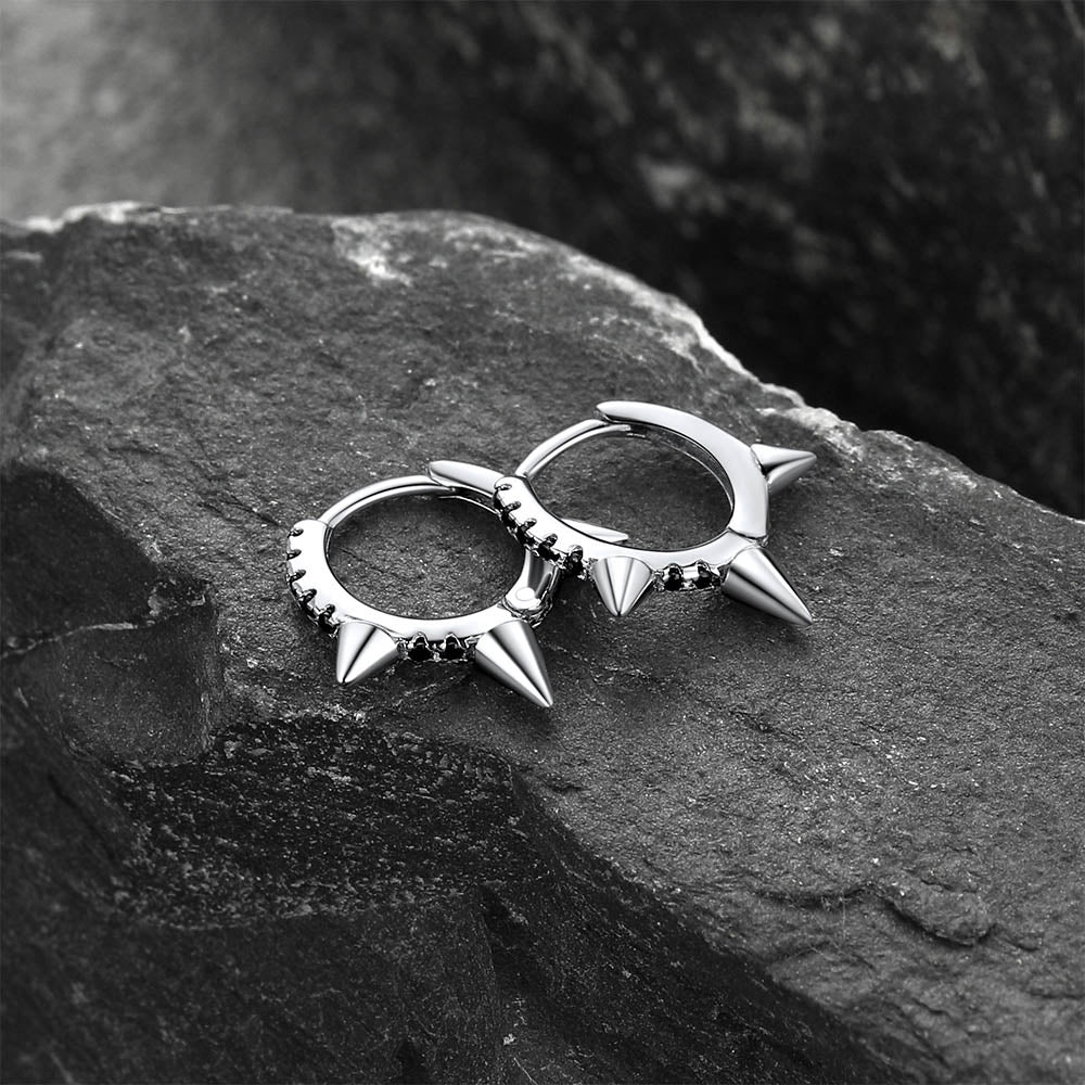 Flash Sterling Silver Spike Hoop Earrings With Black Onyx