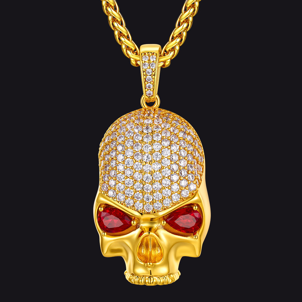 Halloween Gothic Skull Diamond Necklace With Red Eye for