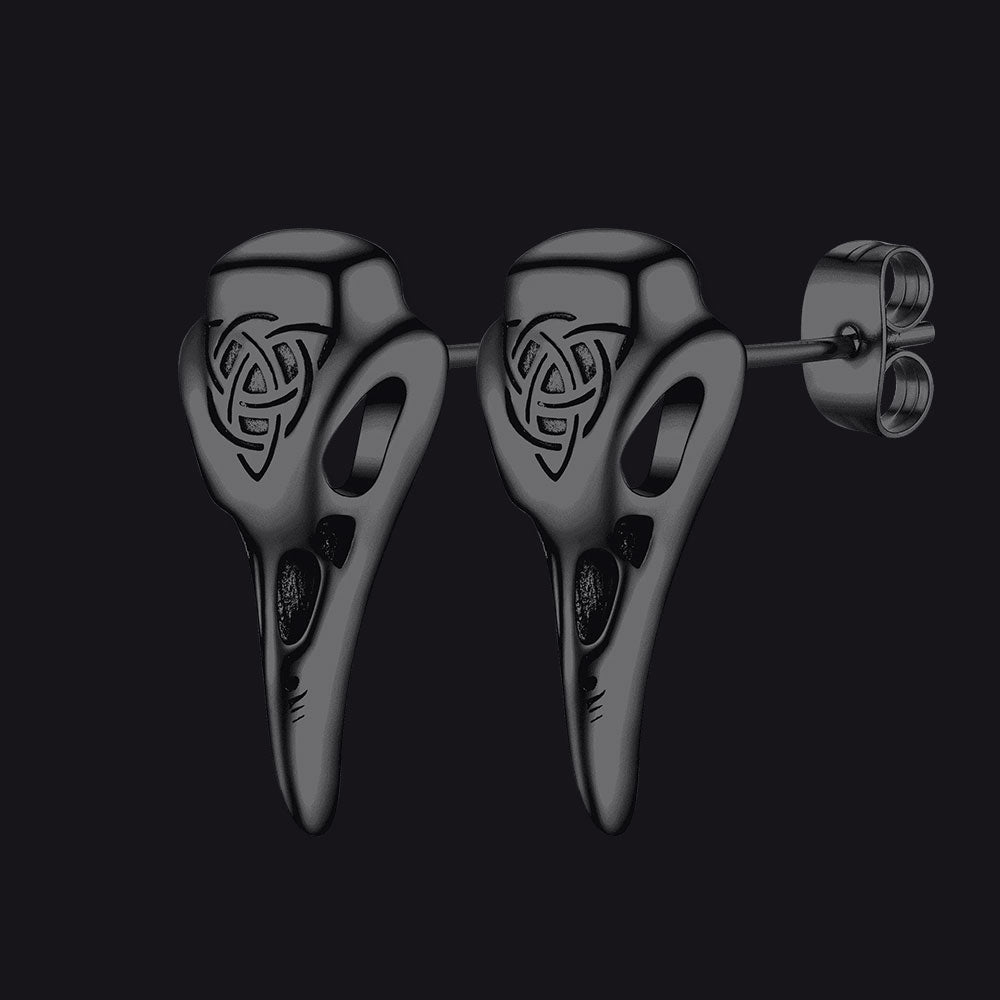 Viking Raven Skull Earrings Studs With Celtic Knot for
