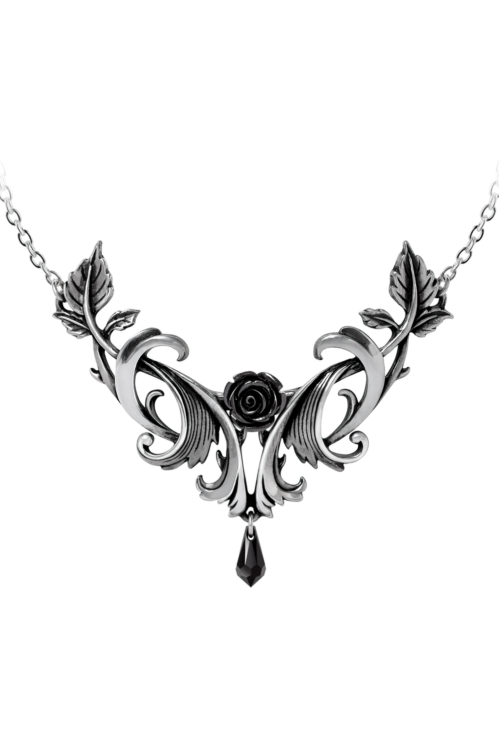 Baroque Rose Pendant With Black Austrian Crystal Drop