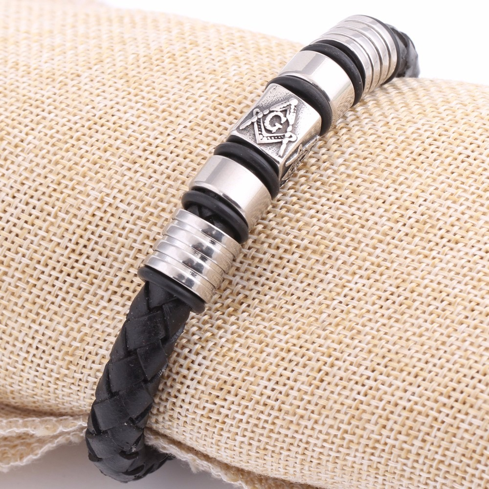 Black Leather Masonic Bracelet / Stainless Steel Magnet Bangle / and Jewelry