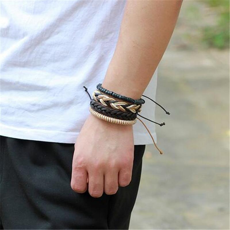 Brown Leather Bracelet in Rock Style & Braided Rope Wristband Set of 4 Pcs