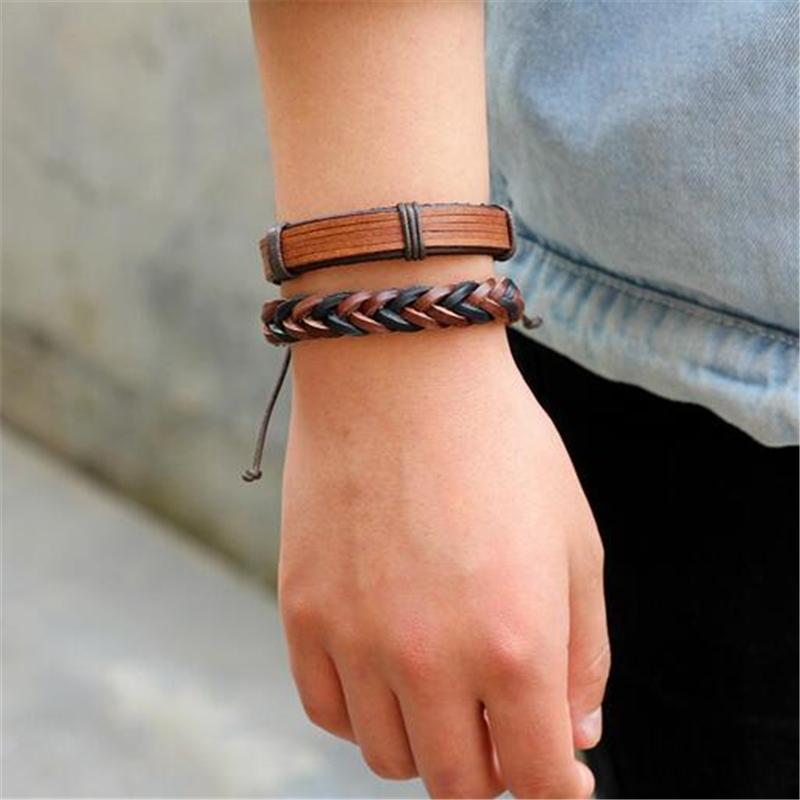 Brown Leather Bracelet in Rock Style / Braided Rope Wristband 5 Pcs Set