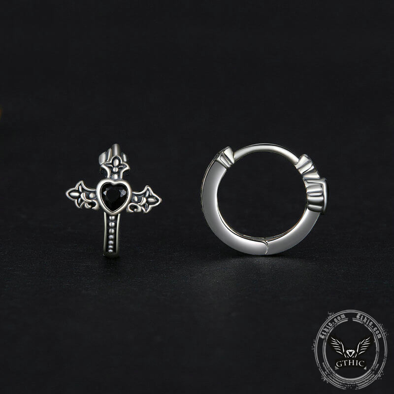 Budded Cross Heart Zircon Sterling Silver Earrings