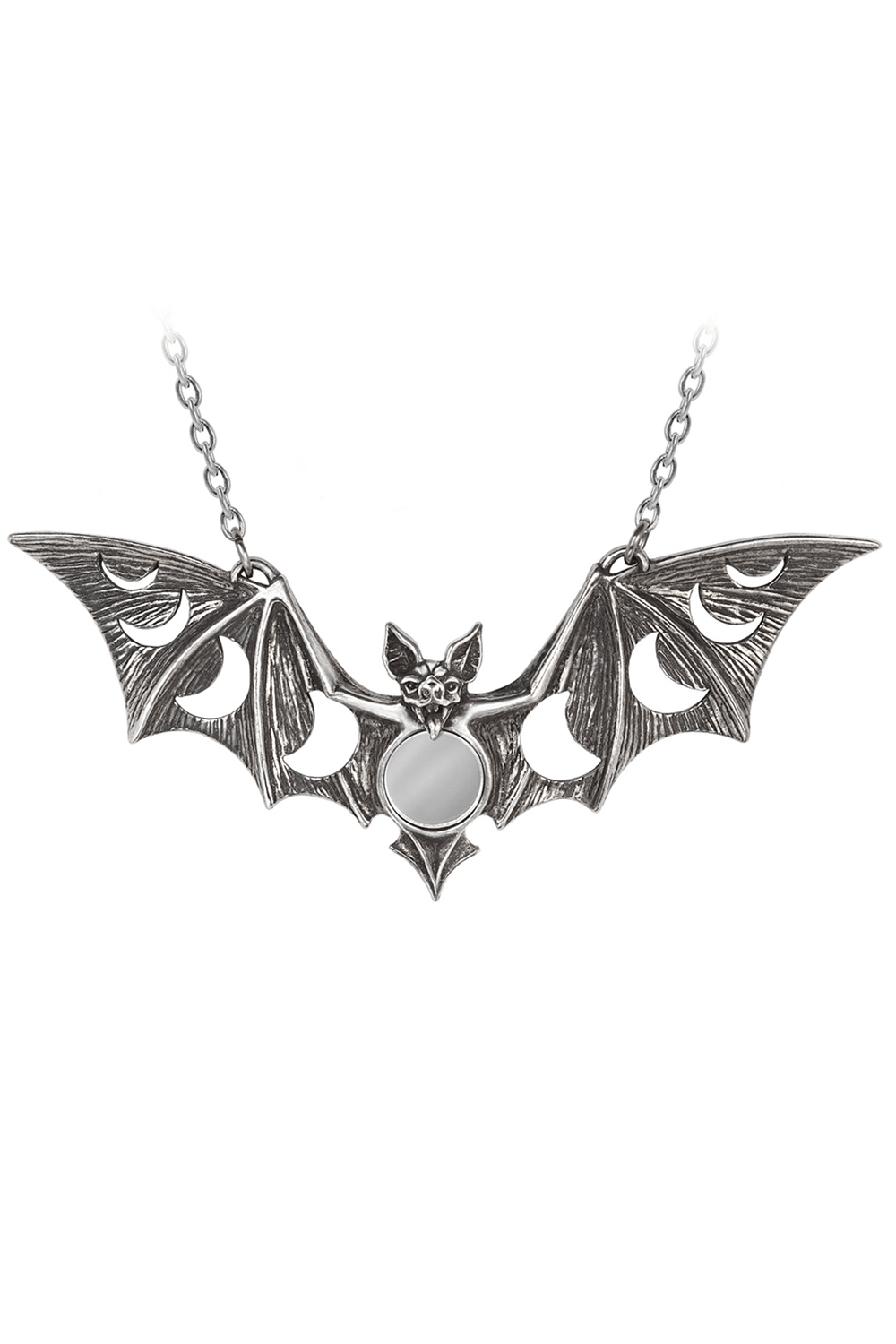 Bat Necklace With Moon Phases and Inlaid Mirror Center