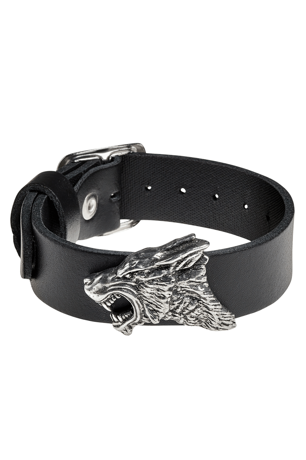 Dark Leather Wrist Strap With Pewter Wolf Head