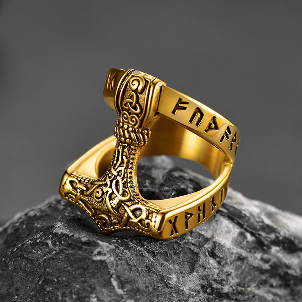Viking Mjolnir Thor's Hammer Ring With Rune for