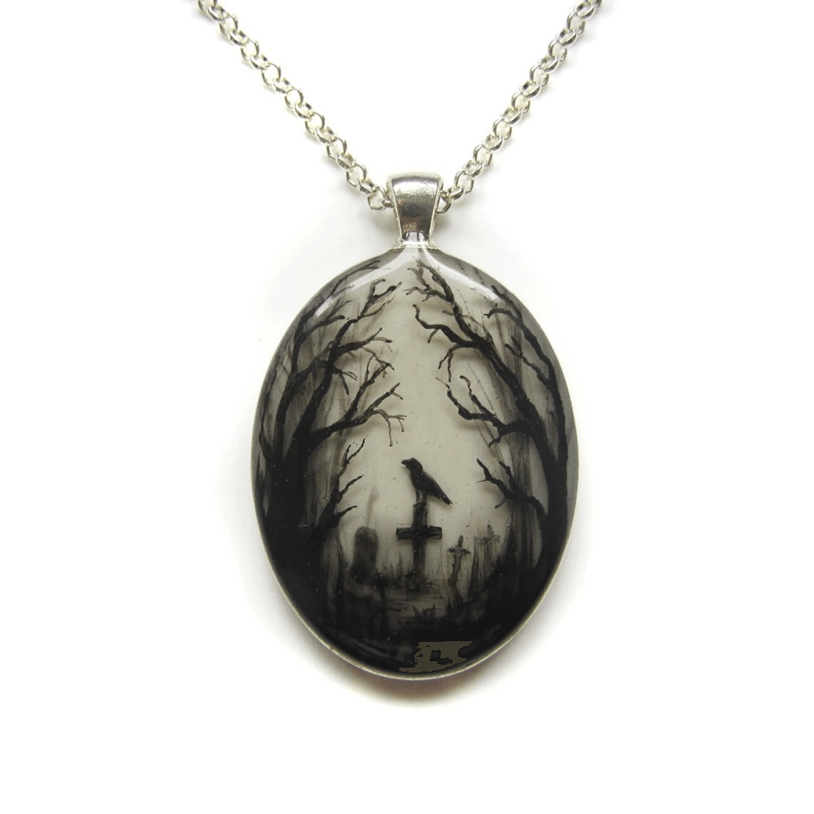 Gloomy Wood Graveyard Hand Painted Oval Pendant / Gothic Style Chain With Mystic Pendant