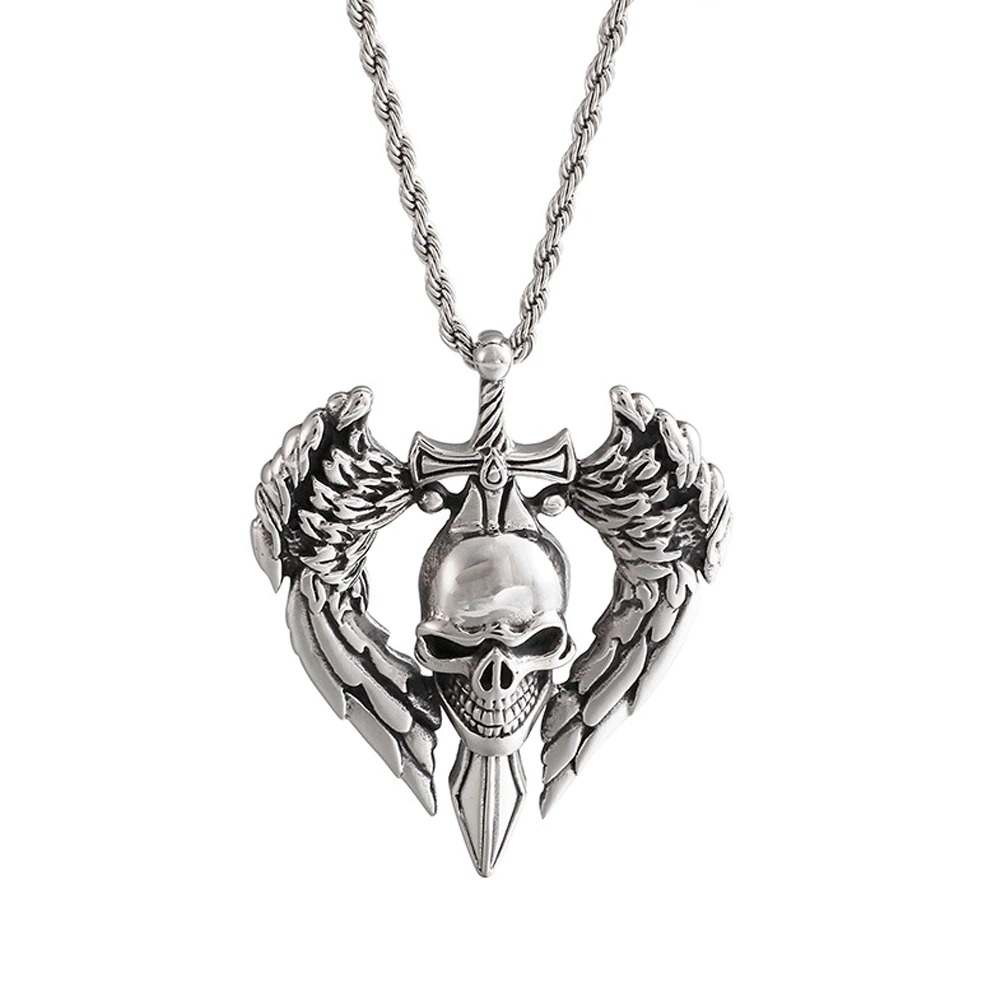 Gothic Angel Wing Skull Pendant Necklace Stainless Steel / Punk Biker Skull Jewelry for and