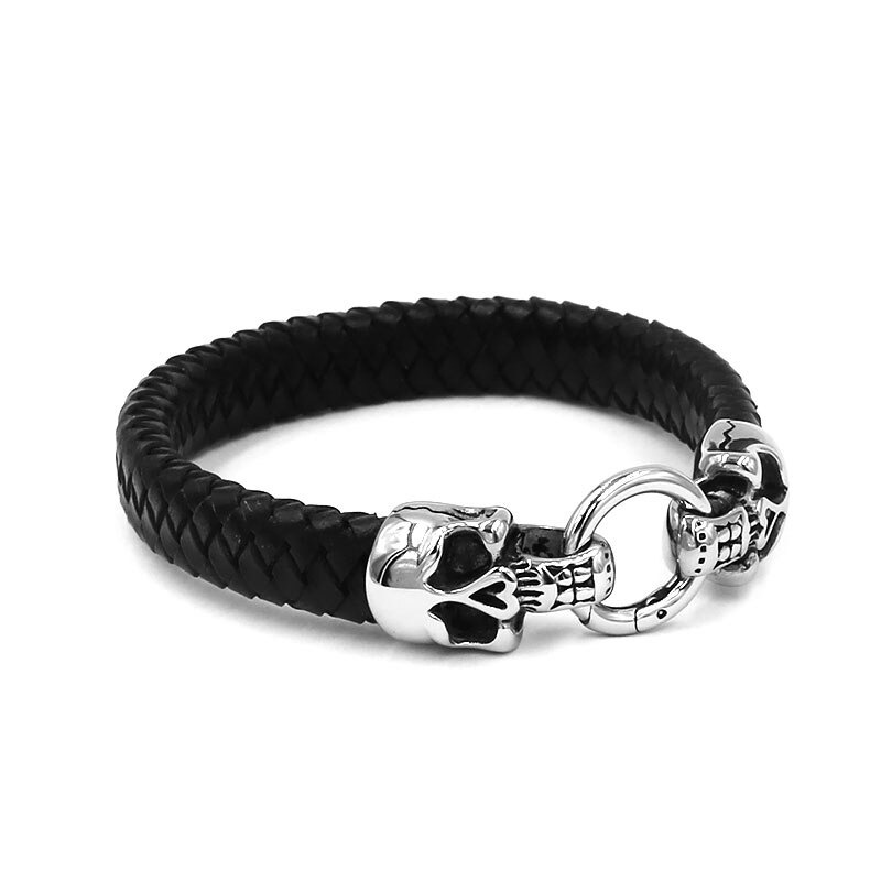 Gothic Double Skull Leather Bracelet / Stainless Steel Jewelry / Braided Biker Bracelet