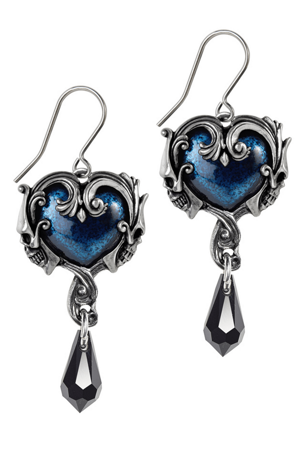 Gothic Heart and Skull Drop Earrings With Black Crystal