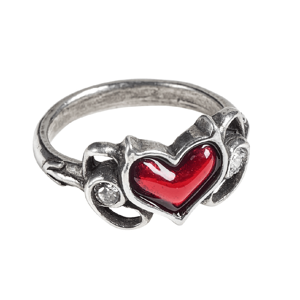 Gothic Ring With Red Enamel Heart and Austrian Crystals