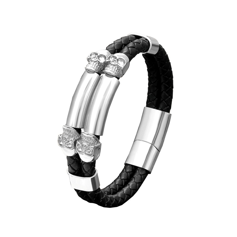 Gothic Stainless Steel Bracelet With Skull / Stylish Pu Leather Bangles / Heavy Metal Accessories