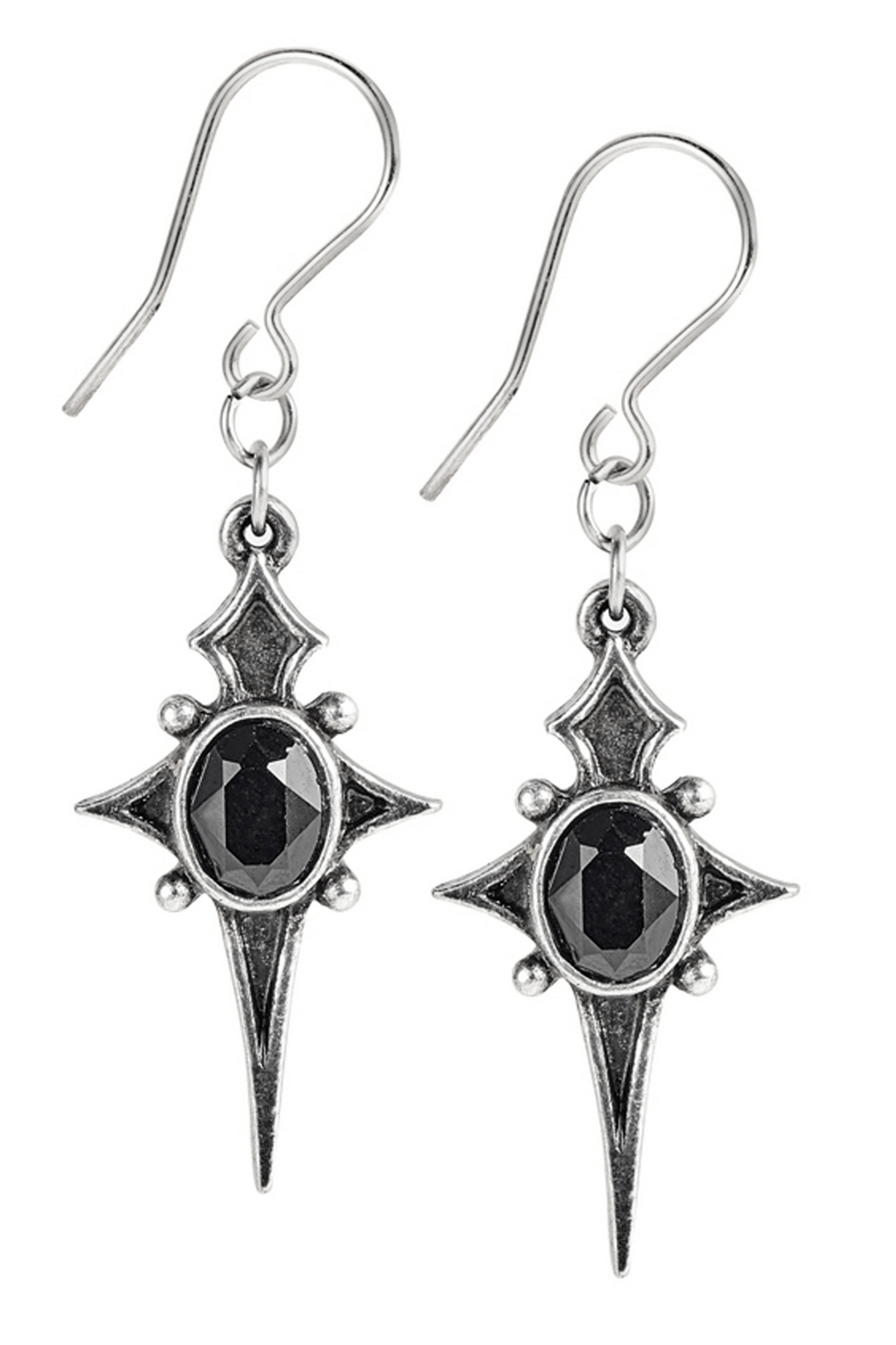 Gothic Star Cross Dropper Earrings With Black Crystal