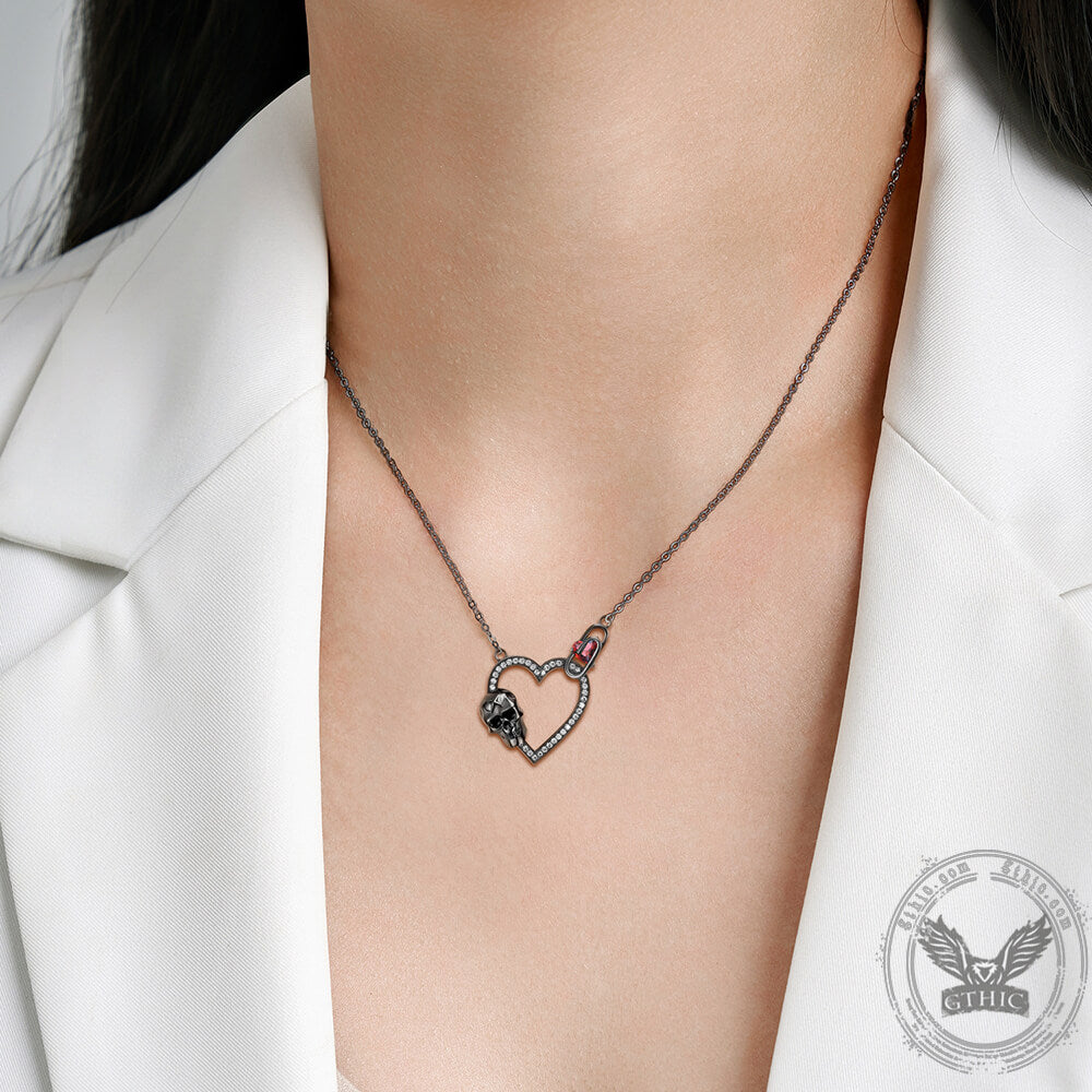 Gothic Black Skull Heart Sterling Silver Necklace