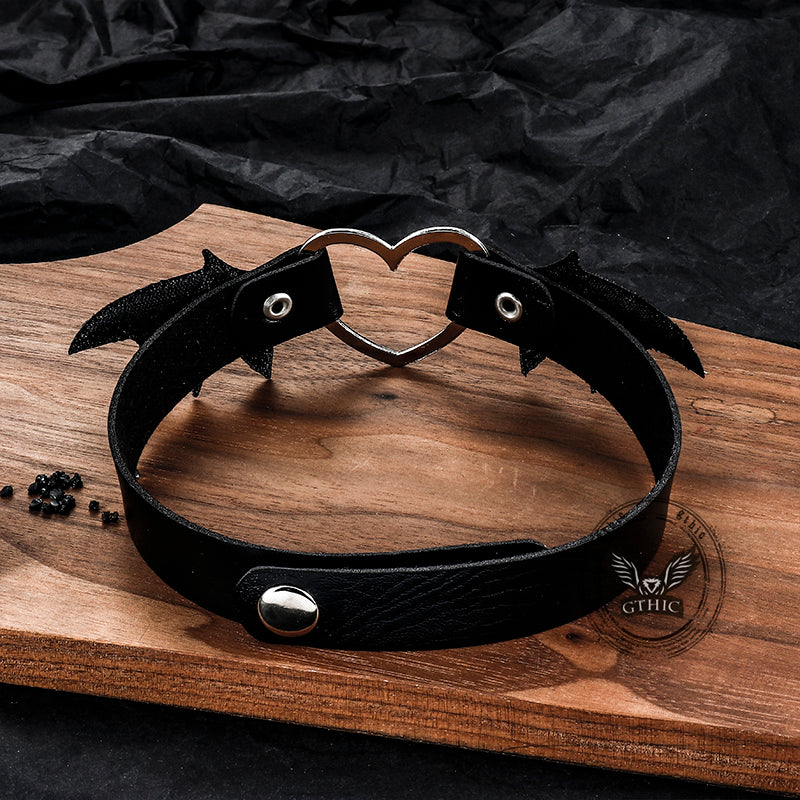 Gothic Heart Bat Wings Alloy Pu Leather Choker Necklace