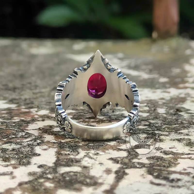 Gothic Pattern Inlaid Red Zircon Sterling Silver Ring