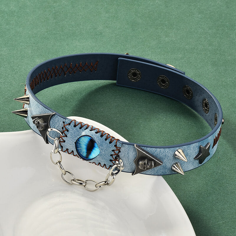 Gothic Y2k Gem Eye Skull Rivet Leather Choker Necklace