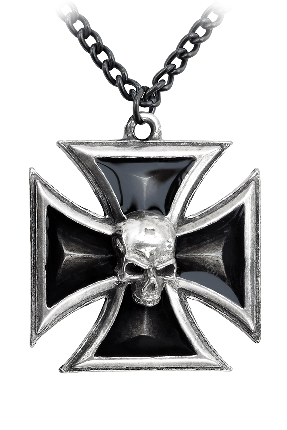 Pewter Iron Cross Pendant With Skull and Black Enamel