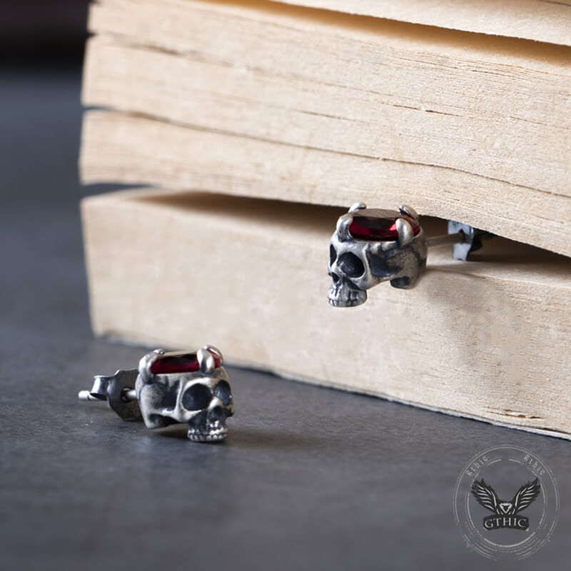 Punk Dark Skull Gemstone Sterling Silver Stud Earrings