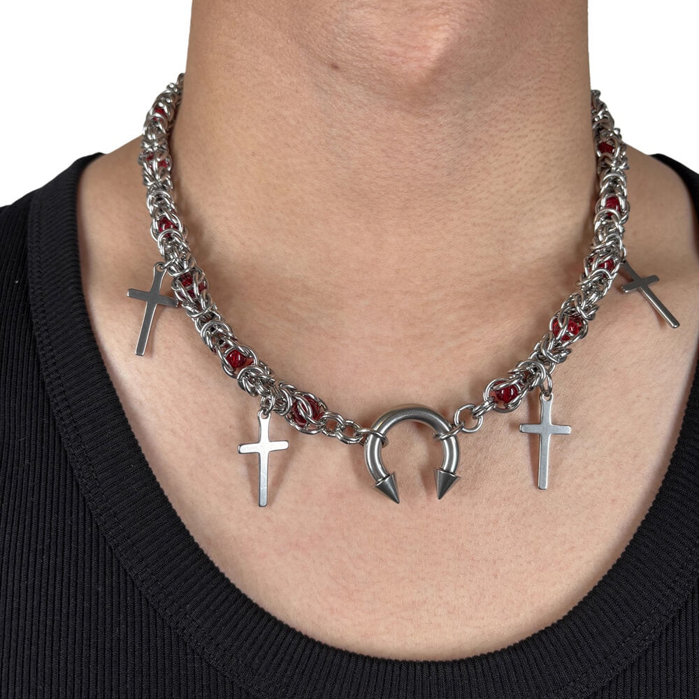 Punk Red Bead Horseshoe Rivet Cross Stainless Steel Necklace