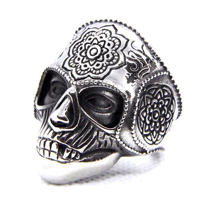 Silver Color Heavy Sugar Skull Ring / Mandala Flower Biker Jewelry / Cool Rings
