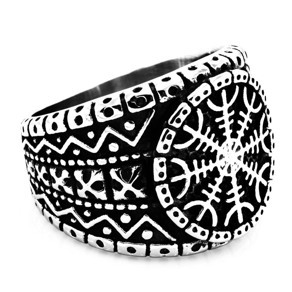 Stainless Steel and Ring With Aegishjalmur Protection Symbol / Norse Ring Helm of Awe